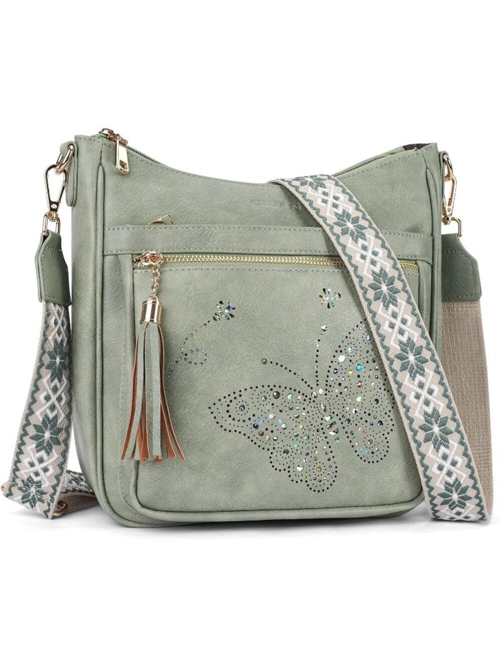 Women's Green Leather Stylish Butterfly Shoulder Crossbody Handbags with Tassel